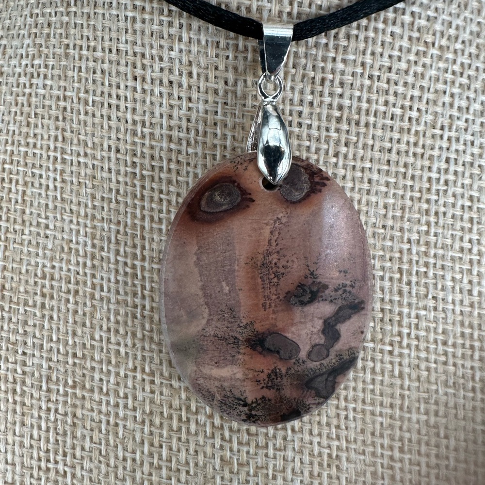 Oval Red Flower Picture Jasper Pendant on Black Satin Rope - Picture 6 of 13